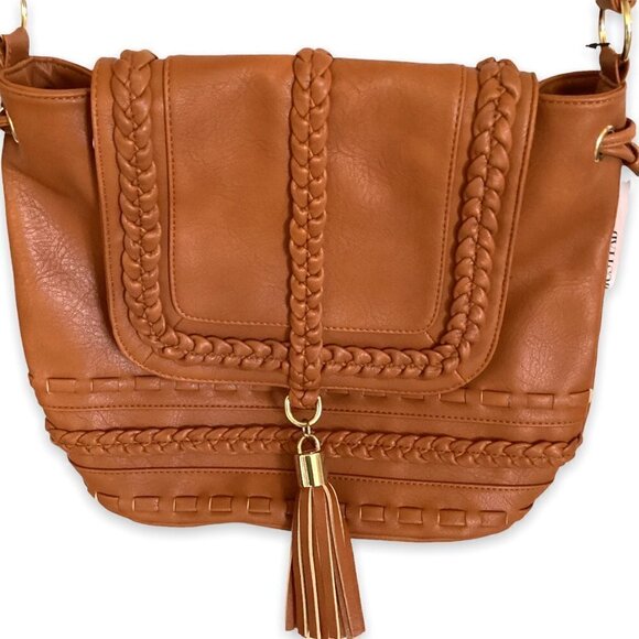 NWT Just Fab Women's Fully Lined Vinyl Crossbody Bag in Caramel with Tassel - Picture 1 of 8
